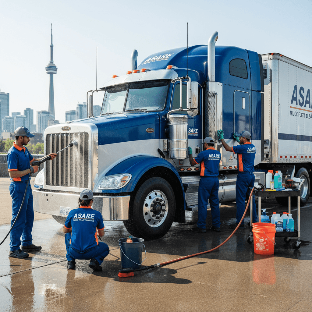 Reliable fleet cleaning team detailing a semi-truck in Toronto